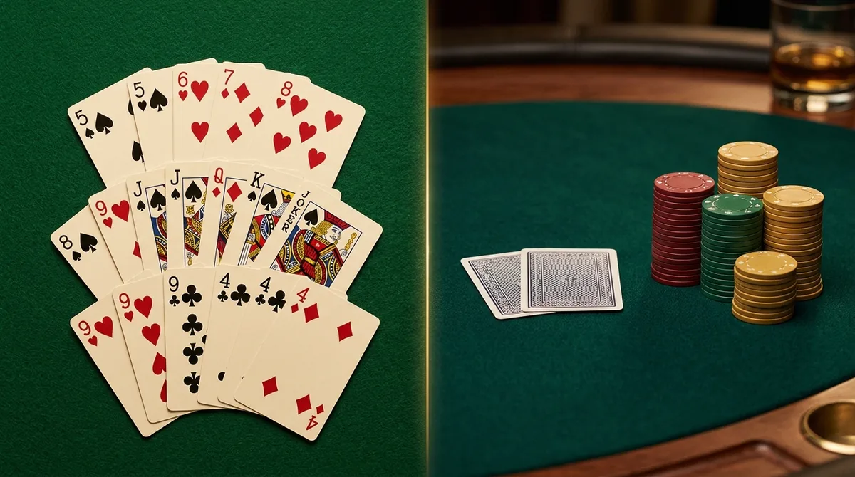 Split image comparing a fan of 13 Indian rummy cards on the left with a poker scene of chips and two hole cards on the right, divided by a gold line.